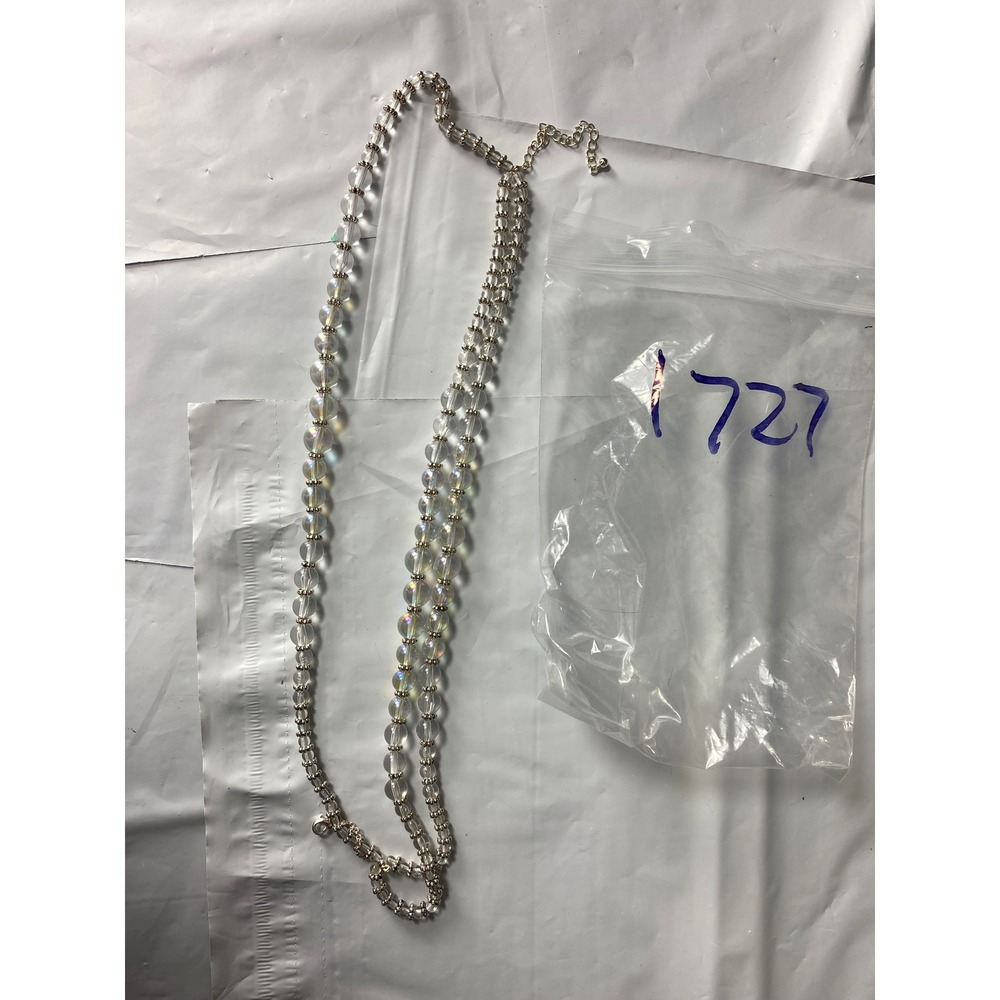 Long Clear Faceted Beads Necklace Silver Tone Chain Extender